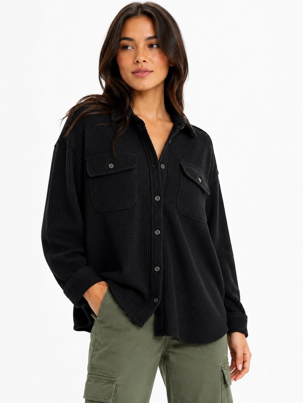 Aerie LumberJane Waffle Shirt XS Black Oversized Button Front Shirt Shacket Cozy